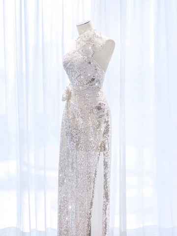 A Line One Shoulder Silver Sequin Long Length Evening Dress Prom Dresses SD2777